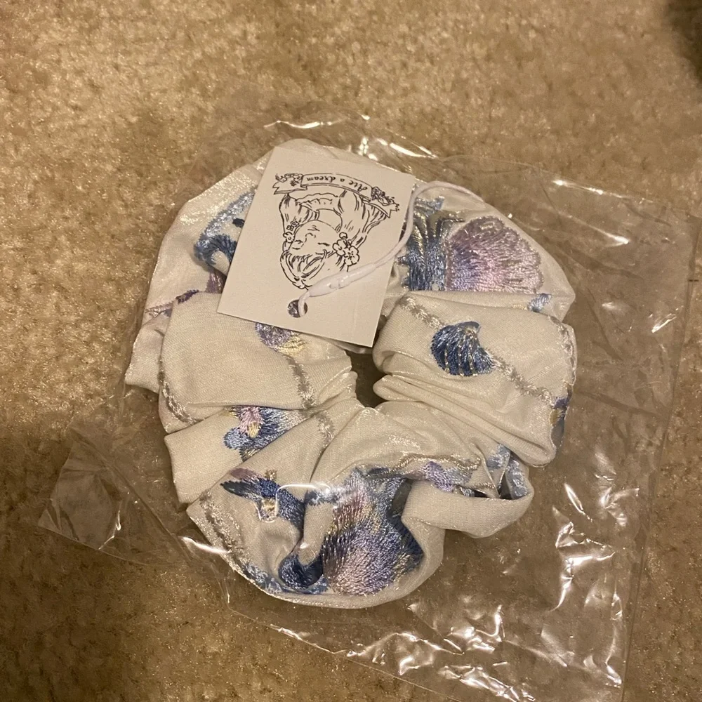 embroidery of seashells and jellyfish white satin hair scrunchie